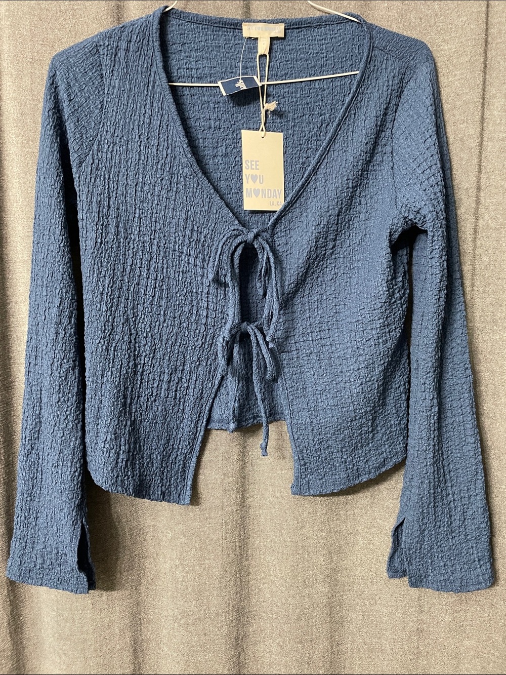 See You Monday Slate Blue Tie-Front Crinkle Knit Top